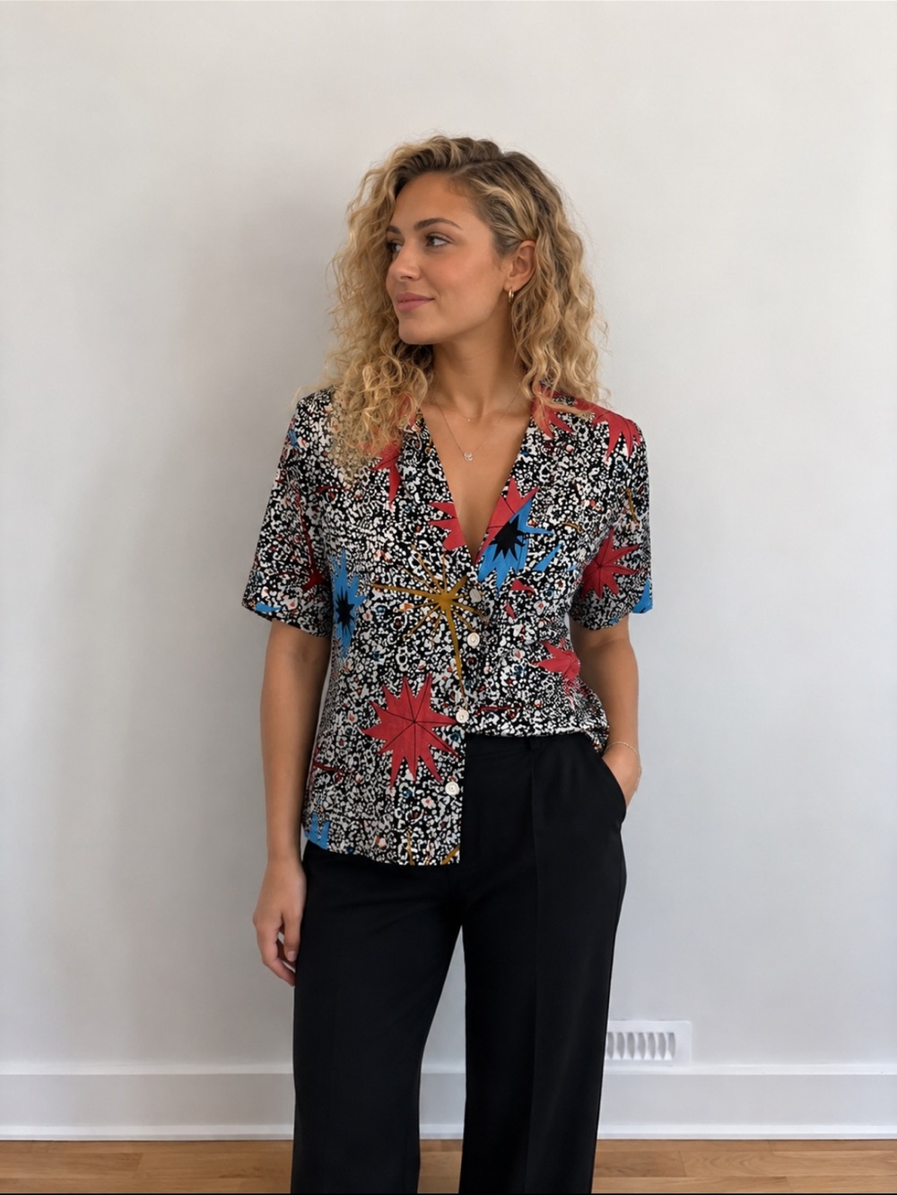 Zara Funky Black White Blouse with Red Blue and Gold Starburst Print❤️M